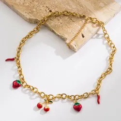 Kολιέ Fruity Heat – Ατσάλινο Κολιέ με Κεράσια, Φράουλες & Τσίλι Πιπεριές